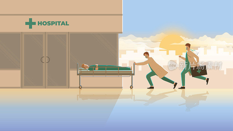 Medical concept scene of the urgent medical emergency case. Two doctors run and push sick patient sleep on bed to hospital building in early morning sunrise. Career of work hard and responsibility.